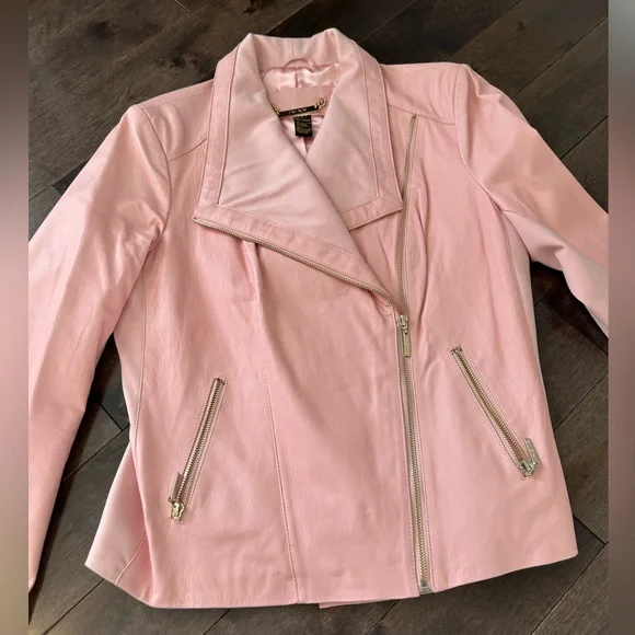 IMAN Pink 100% Genuine Leather Moto Zip Jacket Woman Size Large Large Collar - Picture 8 of 9
